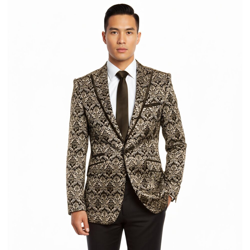 Golden Floral Damask Mens Suit Blazer Jacket w/ Black Trim